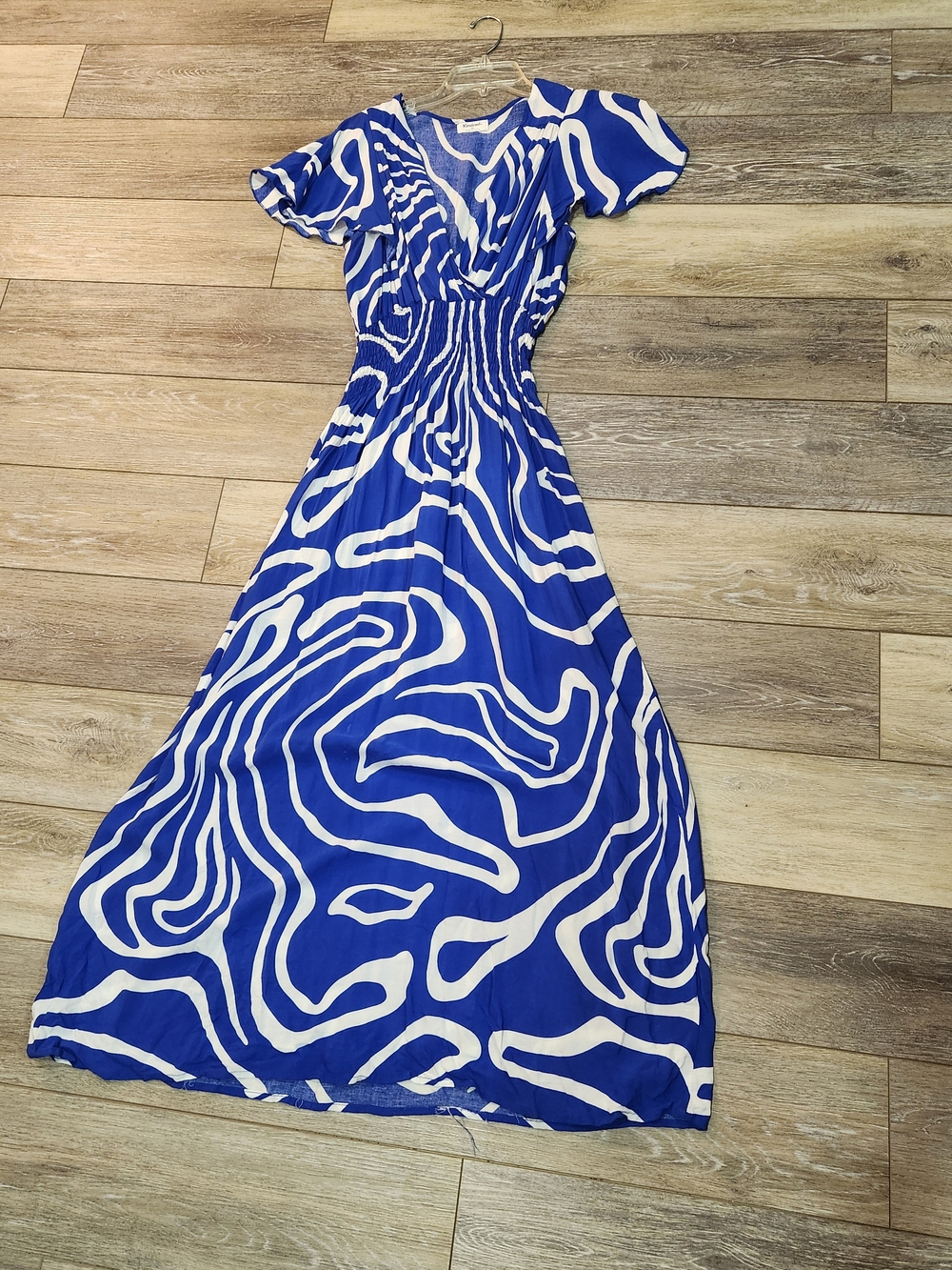 Anthropologie Kindred Blue & White Abstract Print Maxi Dress with Smocked Waist
